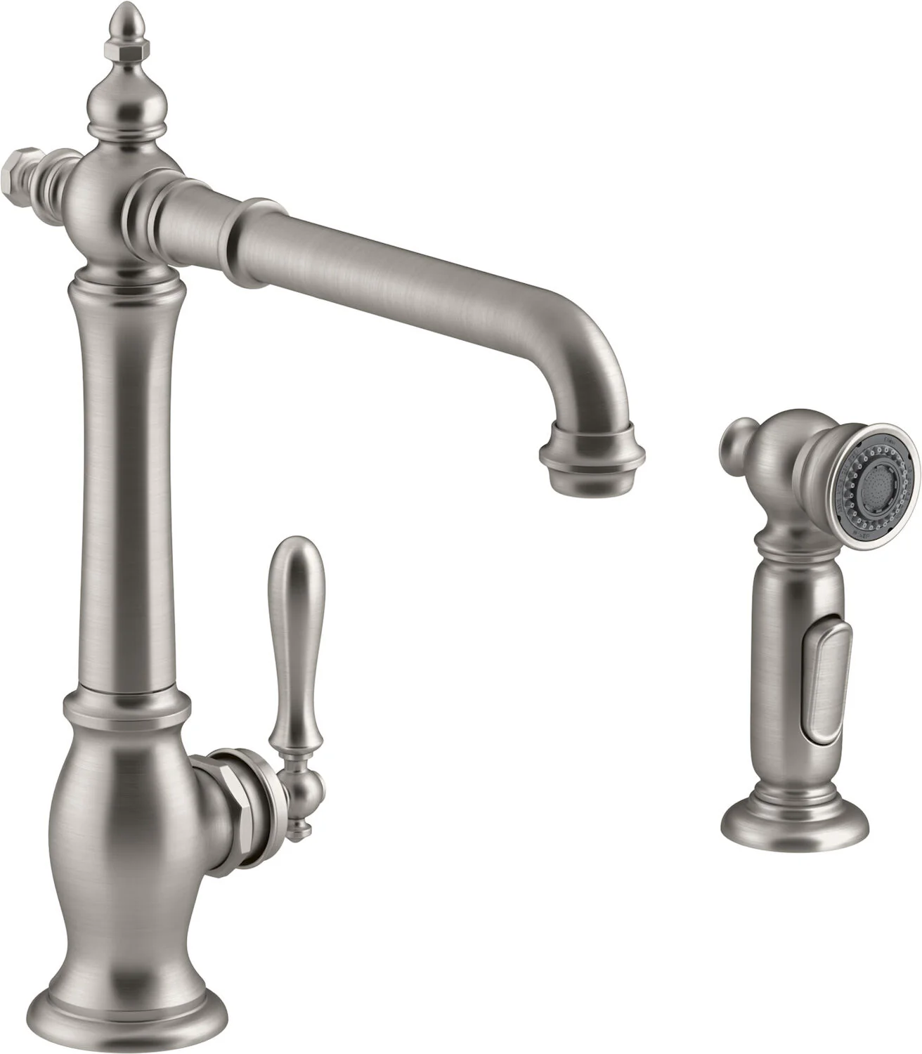 ARTIFACTS® 2-HOLE KITCHEN SINK FAUCET WITH 13-1/2-INCH SWING SPOUT AND MATCHING FINISH TWO-FUNCTION SIDESPRAY WITH SWEEP® AND BERRYSOFT® SPRAY, VICTORIAN SPOUT DESIGN - Image 3